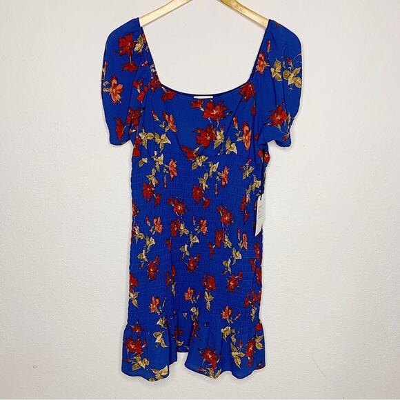 NWT Leith Smocked Square Neck Short Sleeve Mini Dress Blue Floral Size Medium - Picture 2 of 7